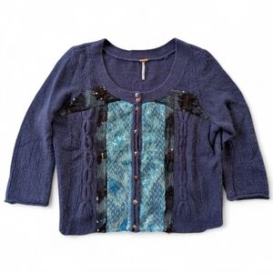 Free People Navy‎ Angora Blend Croppe Cardigan Sequin Stud Buttons Size M